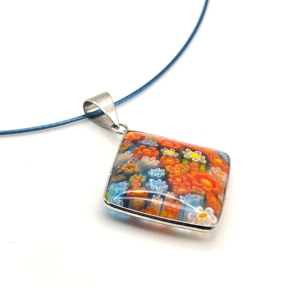 Millefiori Glass Pendant Necklace Blue 18" Wire Choker Floral Colorful Square